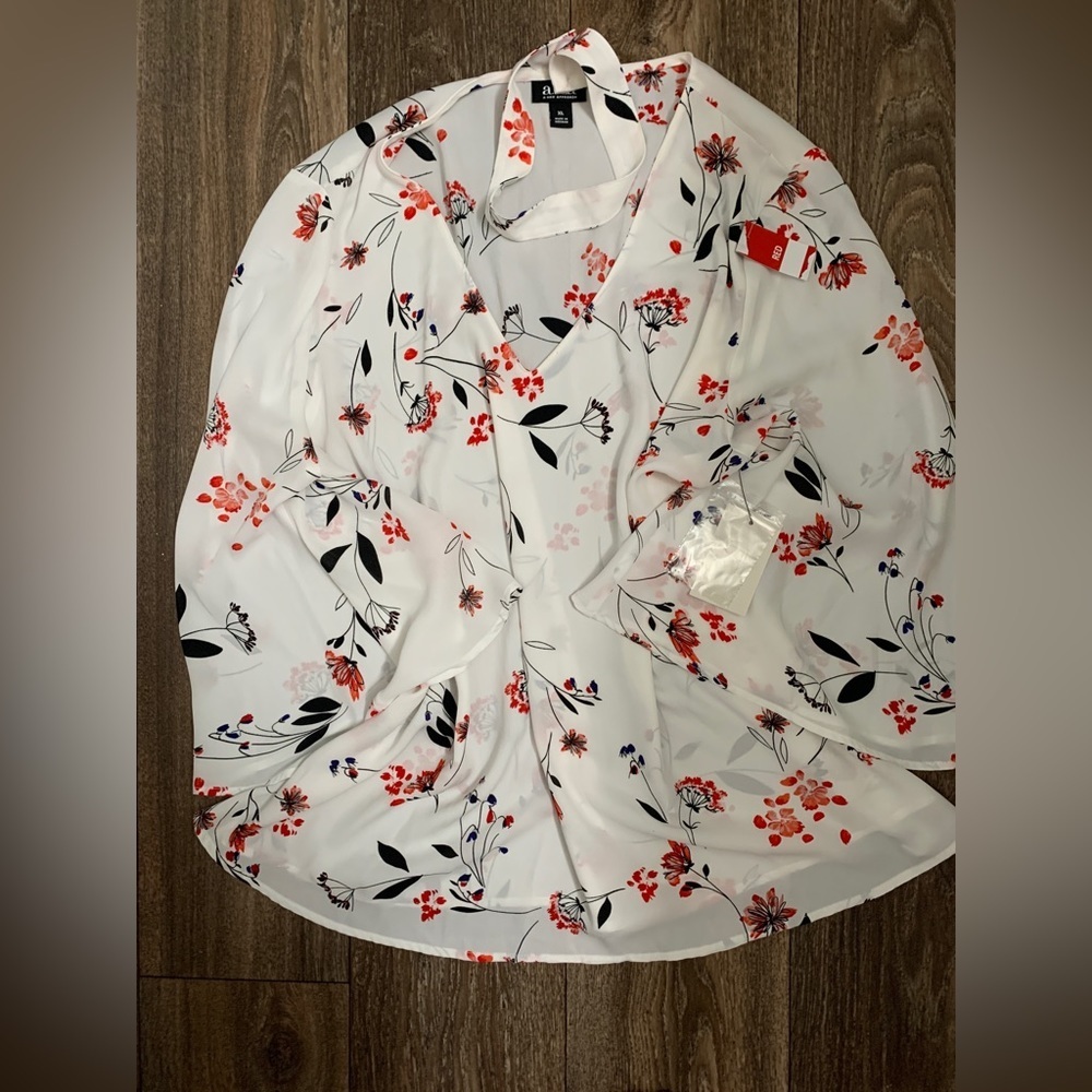 White Floral Print Kimono Sleeve Blouse szXL-0025